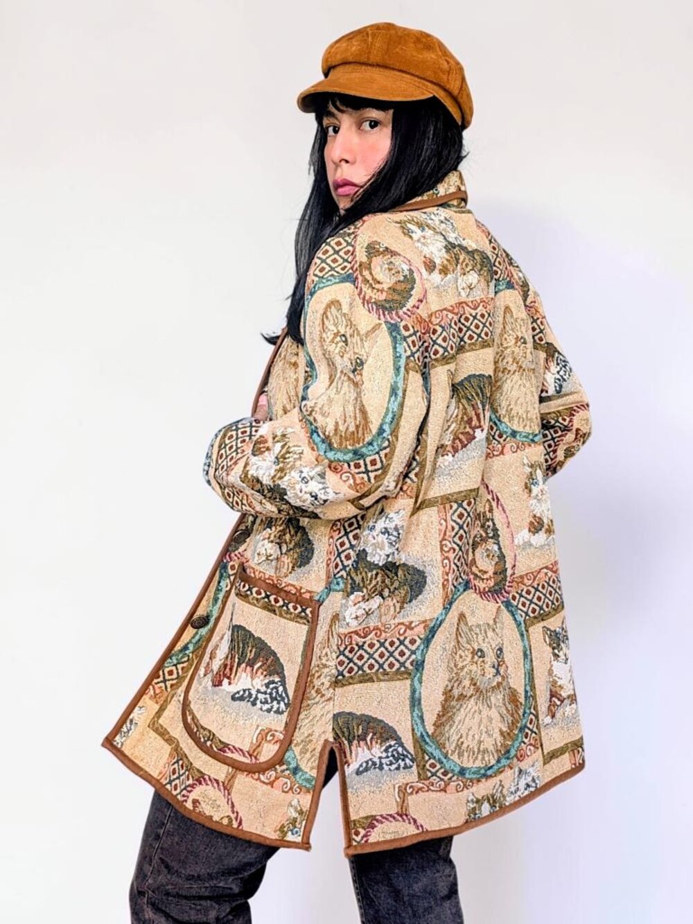 Blair VTG 90's cat kittens tapestry fairy cottage long line jacket coat W's M